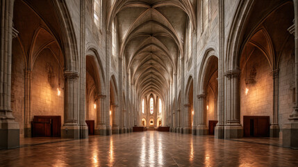 Fototapeta premium Awe-inspiring cathedral nave interior with symmetrical rows and high ceilings