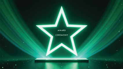Glowing neon star award ceremony stage with green spotlight and podium