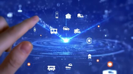 Finger touches digital interface smart network. Connected vehicle system shows innovation transport. Technology drives smart future digital transport interface. Transport icons connect across screen. - Powered by Adobe