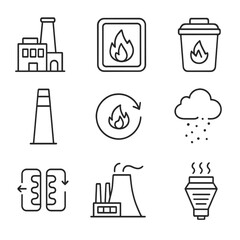 Incineration Icons Set. Outline style icons of Incineration and Energy Recovery: waste incinerator, burning chamber icon, ash