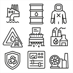 Industrial Waste Icons. Outline style icons of Industrial Waste Management: factory waste pipe, containment barrel, hazardous