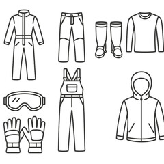 Fototapeta premium Snow Wear Icons. Outline style icons of Snow Activity Wear: ski suit, snowboard pants, snow gaiters, thermal base layer, ski
