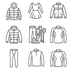 Winter Sportswear Icons. Outline style icons of Winter Sportswear: alpine ski wear, ice skating outfit, curling uniform, Nordic