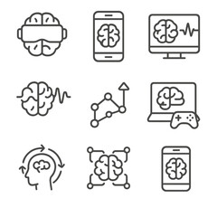 Brain Training Technology Icons. Outline style icons of Technology and Brain Training: brain with VR headset, app-based training