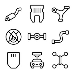 Car Undercarriage Icons. Outline style icons of Car Undercarriage Care: exhaust pipe, underbody shield, suspension arm, rust