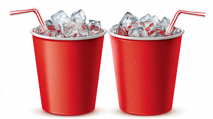 Vector red cups with ice and straws, isolated on white