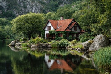 Fototapeta premium A charming house by a calm lake with a red tile roof, white walls, and dark timber framing, reflecting in the water. Lush greenery and rocks surround