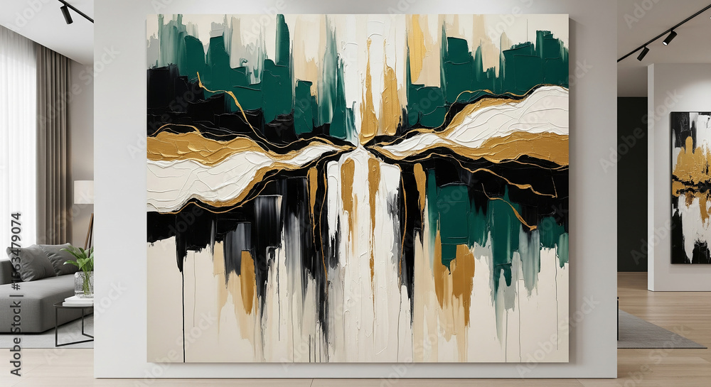 Poster abstract painting with emerald, gold, and black brushstrokes on a white canvas, creating a dynamic a