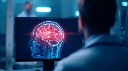 Man analyzing a 3D digital rendering of a human brain with blue outline and red highlights in a dim-lit laboratory, surrounded by cool tones and out-of-focus colleague.