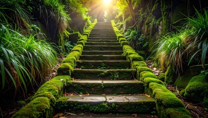 Forgotten staircase blanketed in moss and tall grasses, stone steps cracked and partially hidden beneath tangled roots