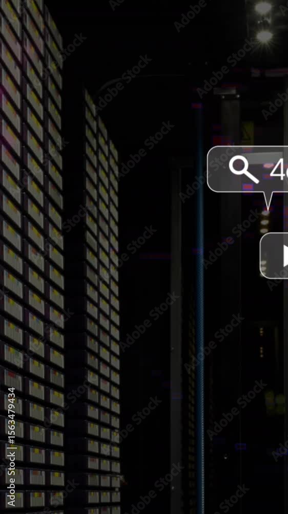 Poster animation of social media icons and data processing over computer servers