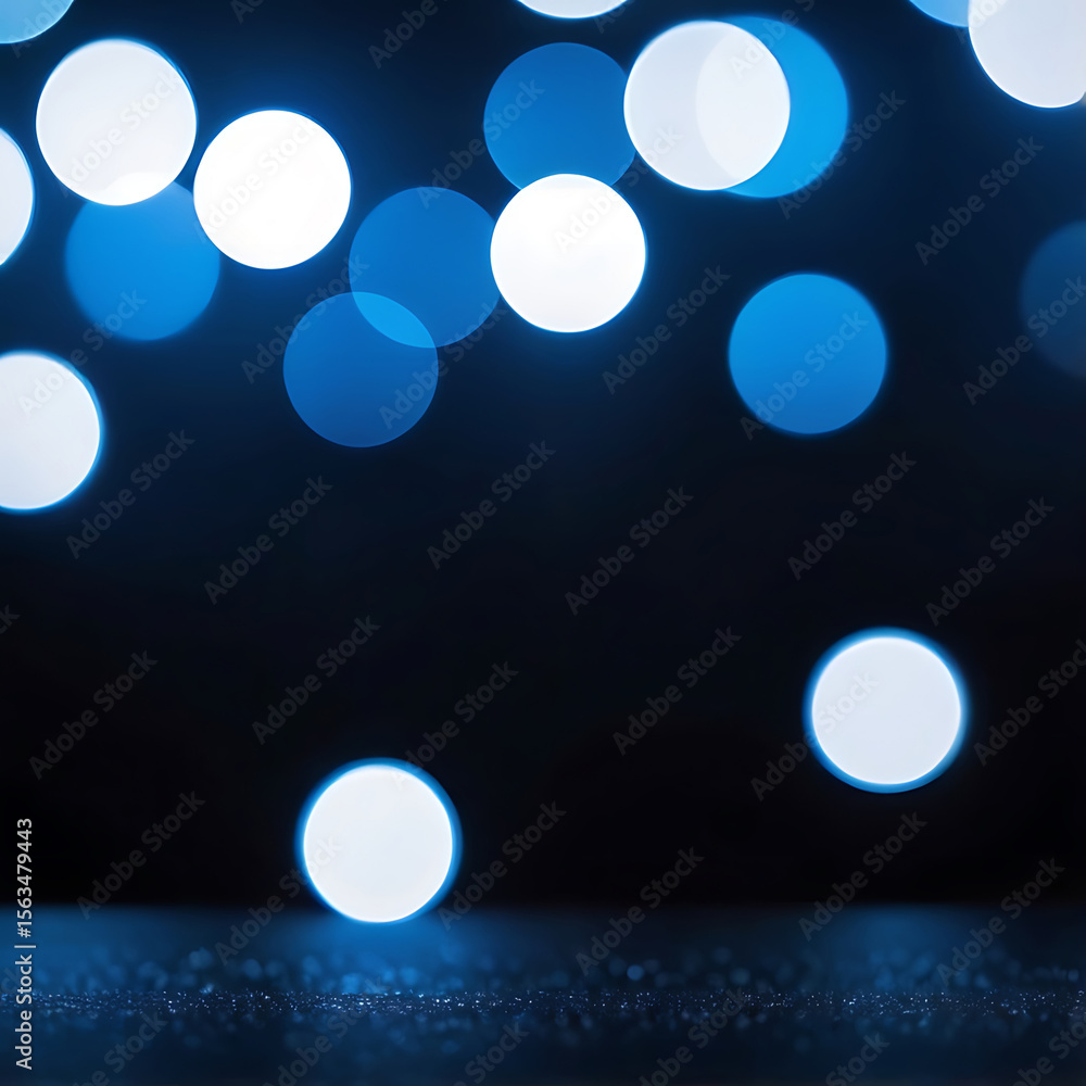 Poster abstract blue and white glowing bokeh lights scattered across a dark background with soft texture, s