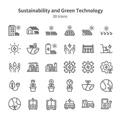 30 icons collection about sustaiability and green technology