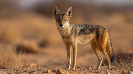 Alert jackal standing in a desert setting