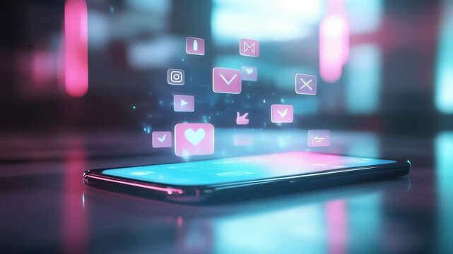 Glowing icons hover over smartphone. Internet expands with each tap. Mobile world becomes digital hub. Internet icons emerge from smartphone. Smartphone spreads digital reach through internet apps