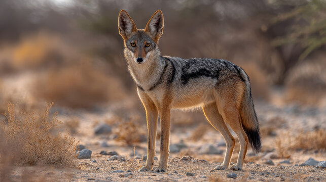 Alert jackal standing in a desert setting