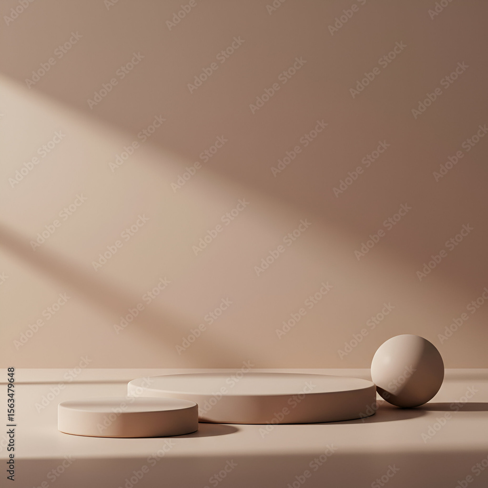 Poster empty light beige podiums and sphere in a minimalist studio setting. simple, neutral display with na