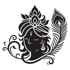 Silhouette vector icon of Krishna’s crown with peacock feather, simple curve lines, isolated on white background