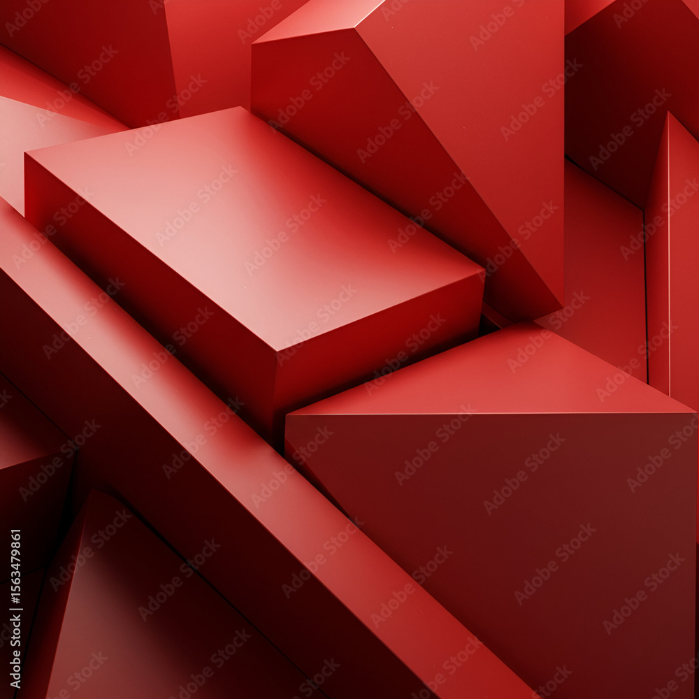 Poster red geometric shapes, no people, in a 3d display/exhibition setting. abstract composition of stacked