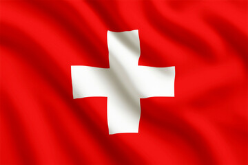 Fototapeta premium Waving national flag of Switzerland featuring a bold white cross on a bright red background, symbolizing neutrality, unity, and tradition. Perfect for concepts of patriotism, travel, culture