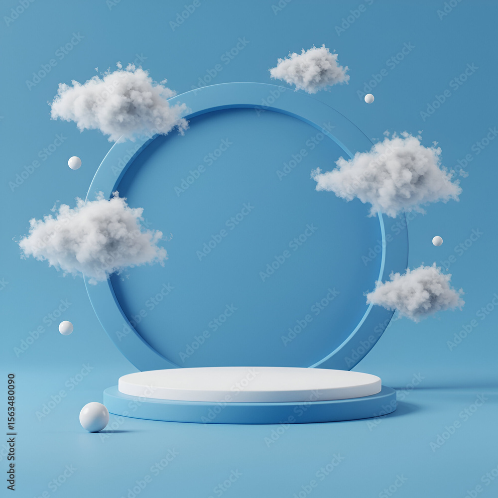 Aufkleber abstract minimalist product display with floating clouds and spheres on a light-blue backdrop. circu
