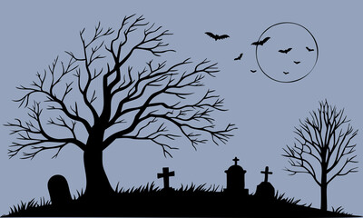 Halloween Graveyard Scene Silhouette Illustration