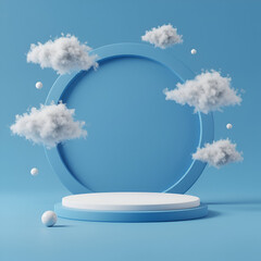 Abstract minimalist product display with floating clouds and spheres on a light-blue backdrop. Circular platform with white surface and light blue accents.