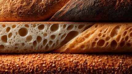 Detailed view highlighting diverse crust and crumb textures of artisan bread, showcasing intricate patterns and seeds on surface.