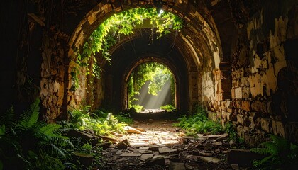 Obraz premium Fern-filled hallway of collapsed stone ruins, canopy above casting dappled light on shattered floor and creeping flora 