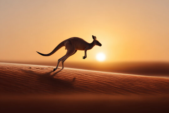 Kangaroo Jumping Across Red Desert at Sunset