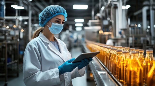 A female worker in protective gear inspects glass bottles on a production line using a digital tablet in a modern beverage factory.