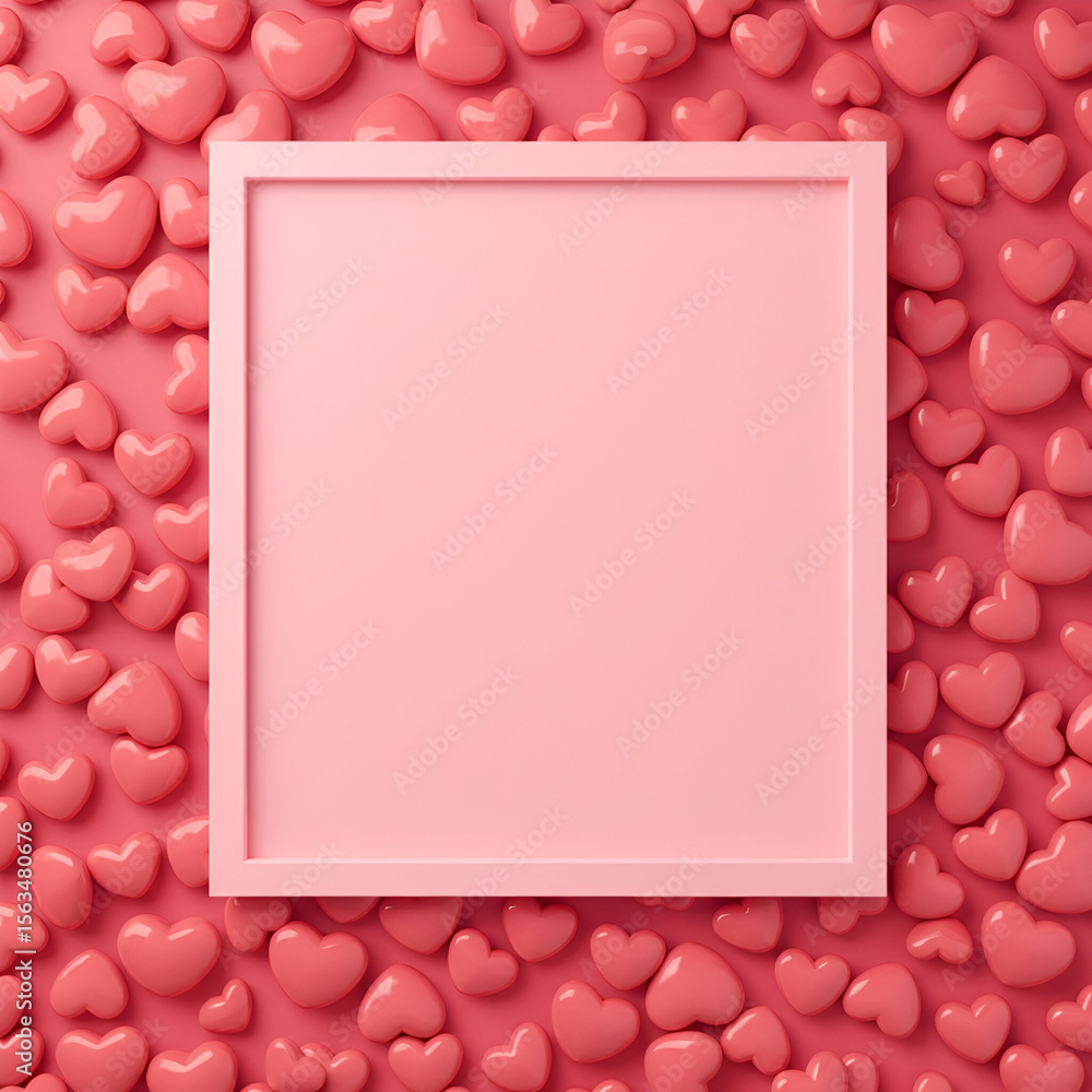 Poster empty pink frame with a background of many small hearts. a blank space for text or design.