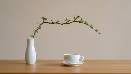Minimalist still life with white vase and coffee cup on wooden table