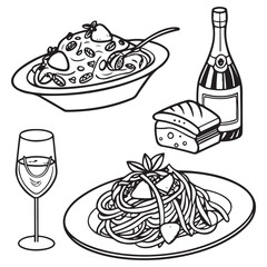Sketch style lunch or dinner Illustrations for wedding invitations, cafe or restaurant menus and parties.