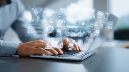 Hands of a professional working on a laptop with an overlay of data analytics and world map visuals in a modern office environment