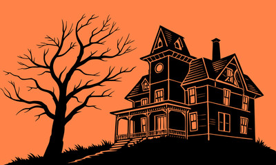 Halloween Haunted House Silhouette Illustration