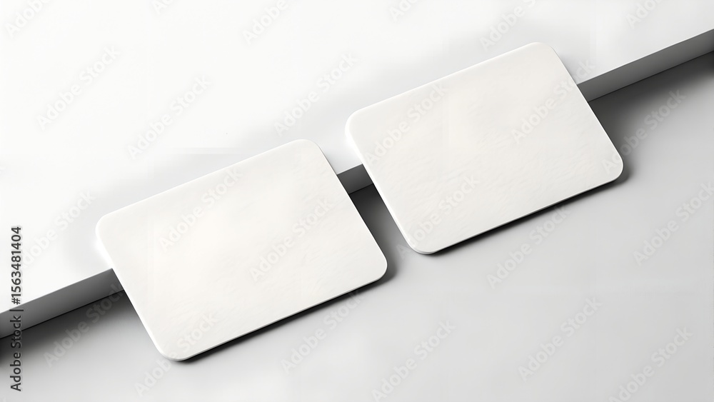 Poster two blank white rounded rectangle cards or business cards placed on a clean white surface with subtl