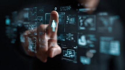 Digital interface of futuristic technology, user interaction with holographic screen, data analytics visualization, virtual reality concept in modern workspace