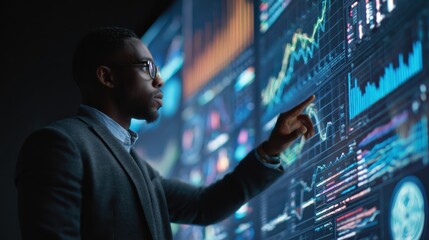 Business professional analyzing data trends on a large touchscreen display in a modern office environment during a night time setting