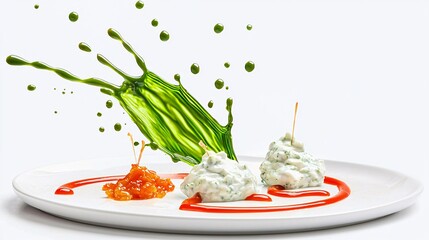 Wasabi sauce splashing onto a plate with vivid green streaks, sweet chili sauce adding a vibrant contrast, while tzatziki creates soft, creamy swirls, isolated on a white background