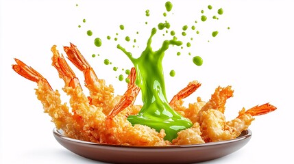 Wasabi sauce splashing onto a plate of crispy fried shrimp, neon green and bold, isolated on white background,