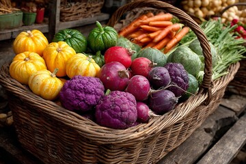 Chic colorful fresh vegetables in wicker basket scene  
