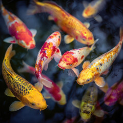 Vibrant Koi Fish in a Pond Top-Down View Colorful Reflections
