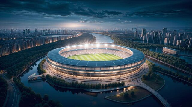 Impressive illuminated stadium in city from drone view at night