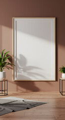 Empty light beige wooden framed picture in a modern neutral living room setting. Empty frame with plant pots and area rug in an aesthetically pleasing, neutral interior design style.
