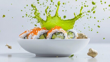 Wasabi sauce splashing onto a sushi bowl with ginger, neon green and vibrant, isolated on white background,