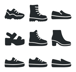 Street Footwear Icons. Solid, filled icons set of street style footwear: chunky sneakers, combat boots,