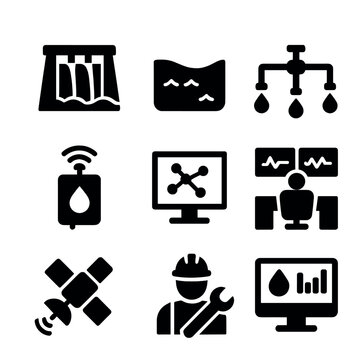 Smart Water Icons Grid. Solid, filled icons set of smart water infrastructure: dam, reservoir, distribution
