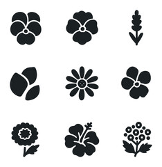 Edible Flower Icons. Solid, filled icons set of cooking with edible flowers: pansy, nasturtium, lavender, rose