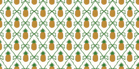 Summer. Coquette fruits seamless Trellis. Vector illustration of flat pineapple and Coquette Bow and Ribbon seamless pattern. Perfect interior room wallpaper textile fabric print. EPS 10